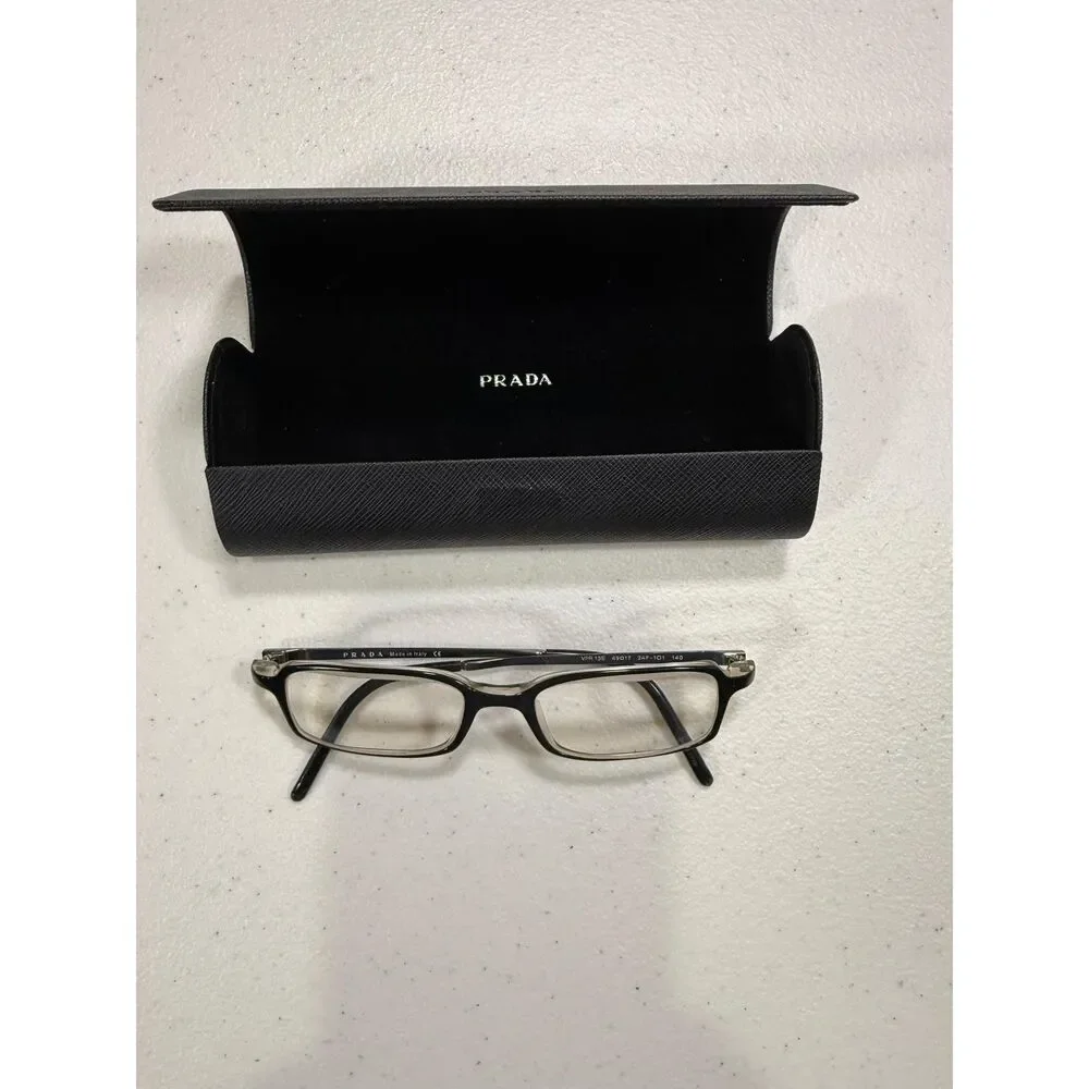 Prada Black Clear Rectangular Glasses Silver Temple VPR13E 2AF101 490 17 140